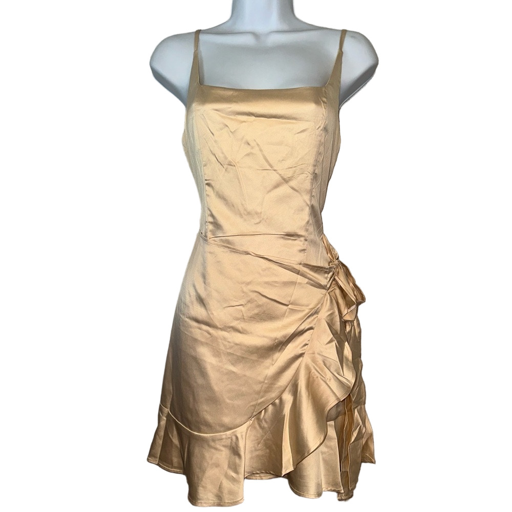 Princess Polly Satin Wrap Mini Dress – Champagne Gold - Picture 2 of 5